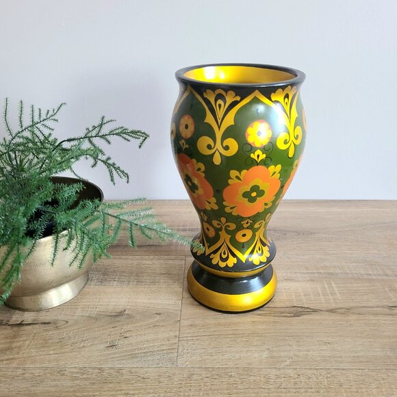 hand painted vase Other - Vintage 1980s large 9.5'' tall hand painted folk art wooden lacquer vase.